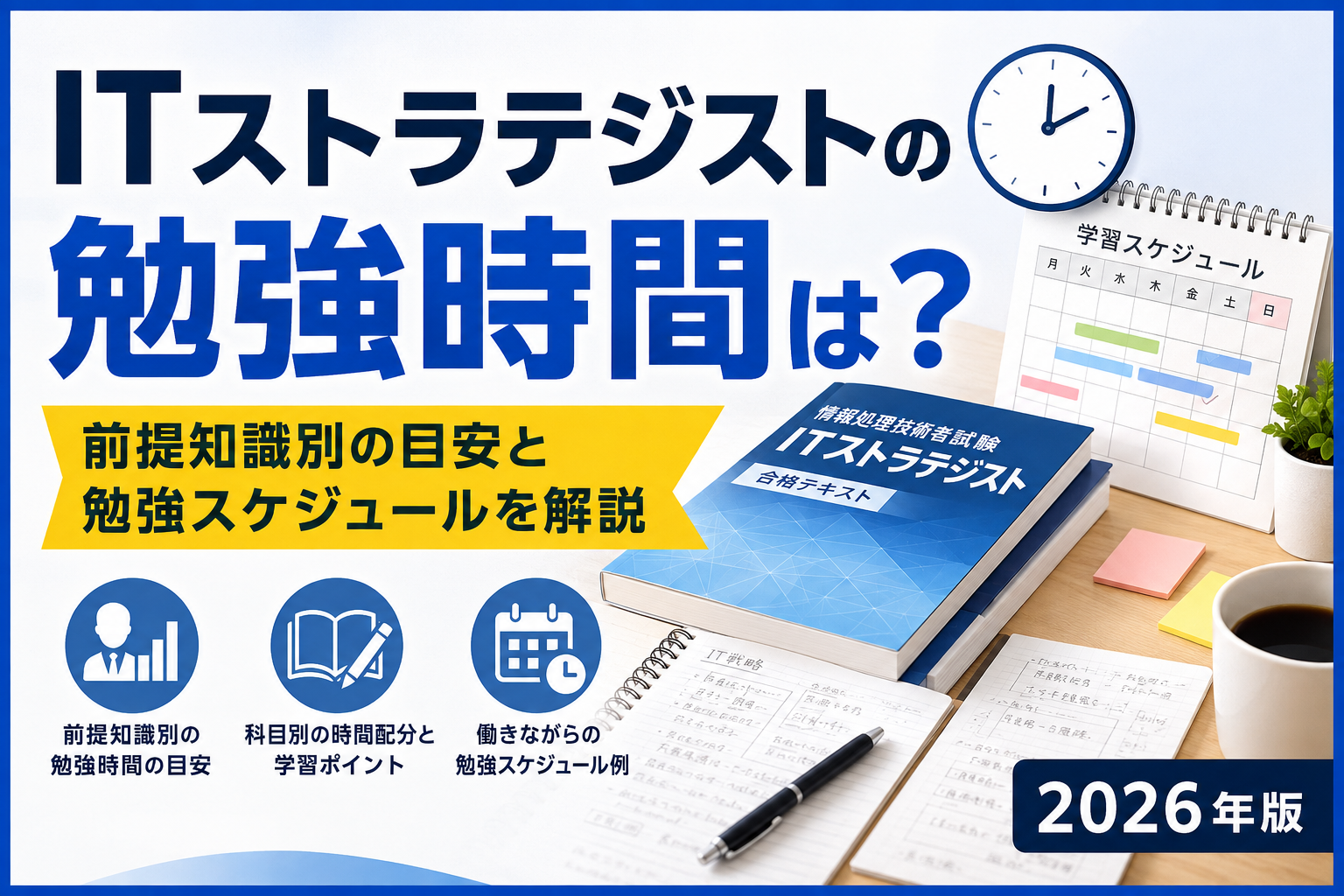 ITストラテジストの勉強時間と前提知識別の目安・勉強スケジュールを解説するアイキャッチ画像
